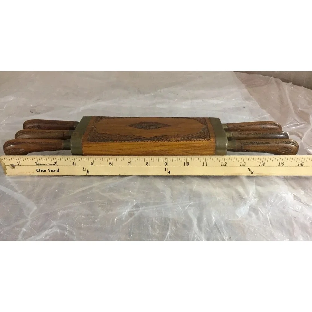 Vintage MCM Handcrafted Wooden Knife Set India 6pc Carved‎ Handles Wood Box Folk
